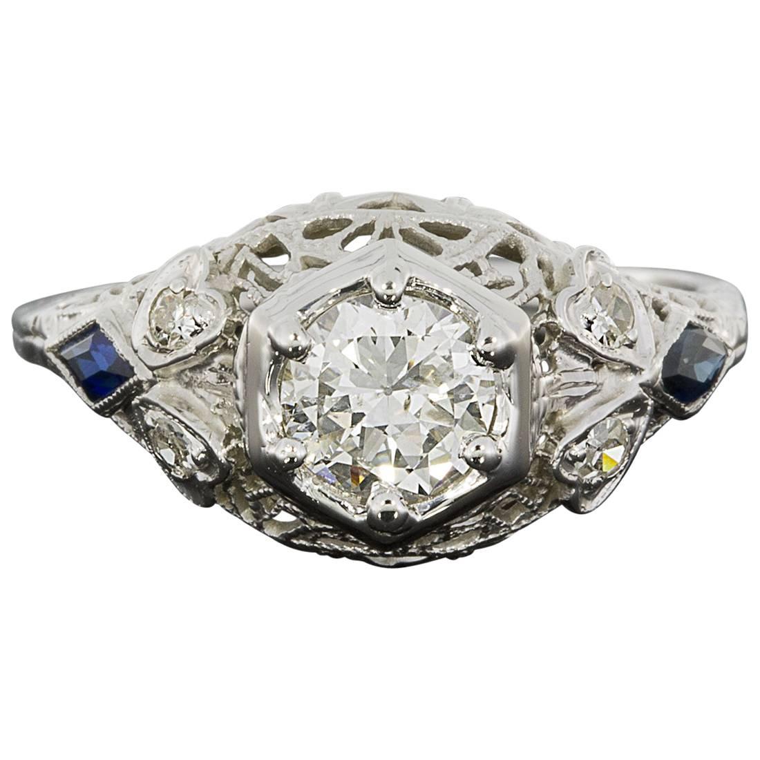 Vintage White Gold Circular Brilliant Diamond Sapphire Filigree Ring