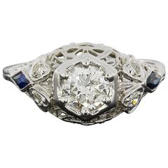 Vintage White Gold Circular Brilliant Diamond Sapphire Filigree Ring