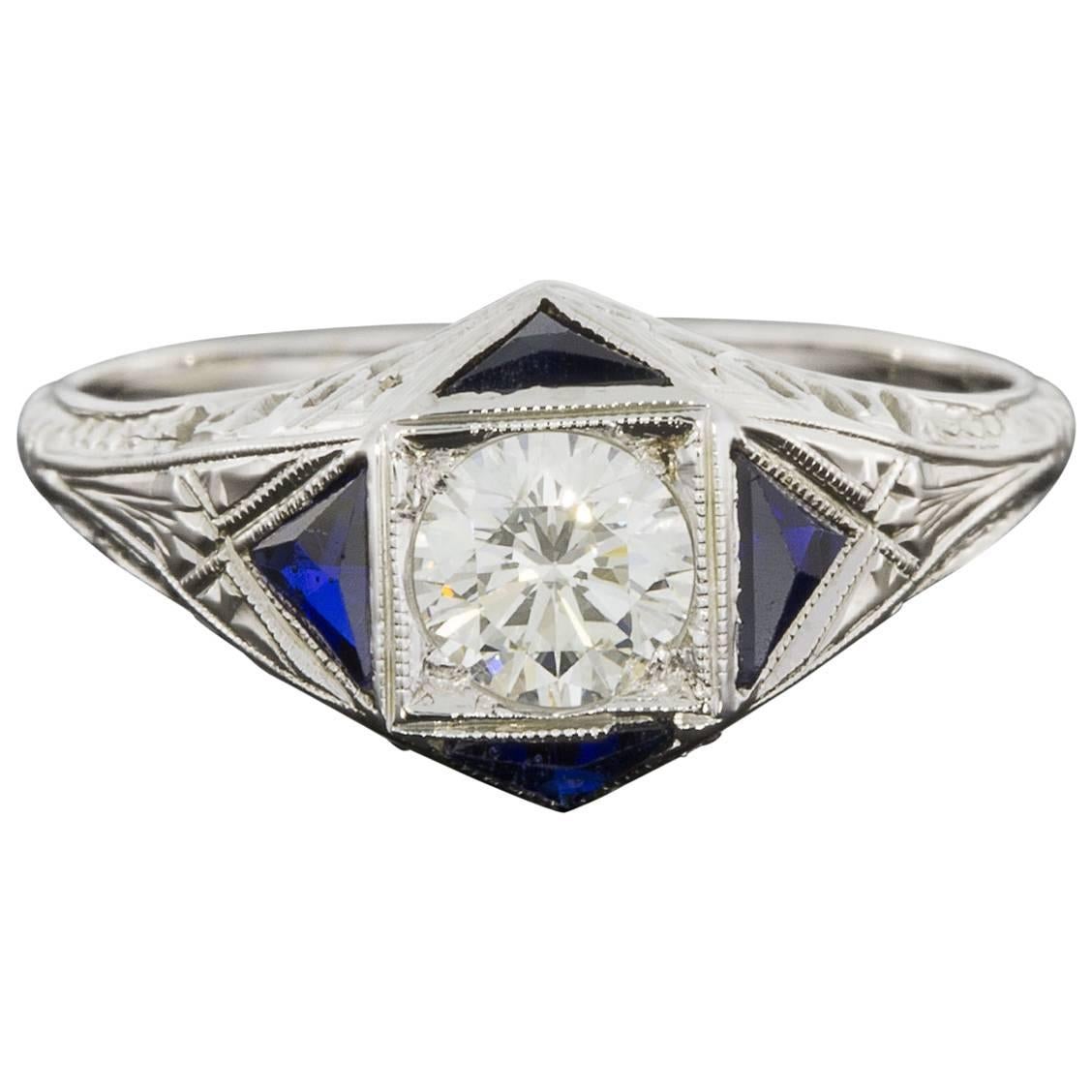 Round Diamond Triangle Sapphire Art Deco Filigree Ring