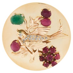 Pendentif broche en or 14K GIA rubis diamant et émeraude ciselée 3D oiseau sur une branche
