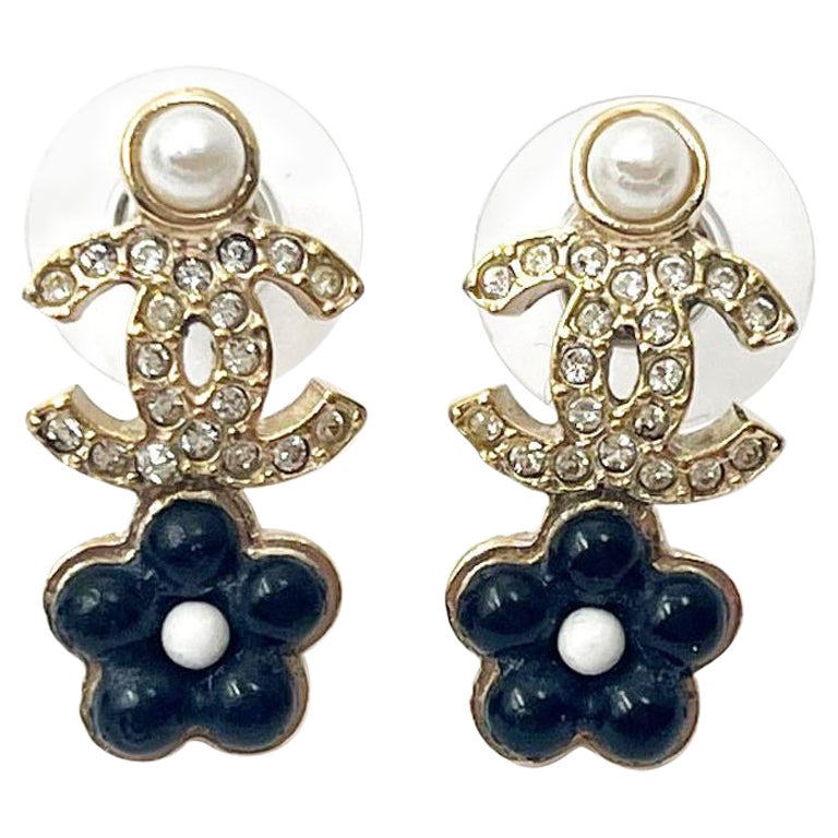 Chanel Pearl Gold CC Black Flower Small Piercing Earrings  