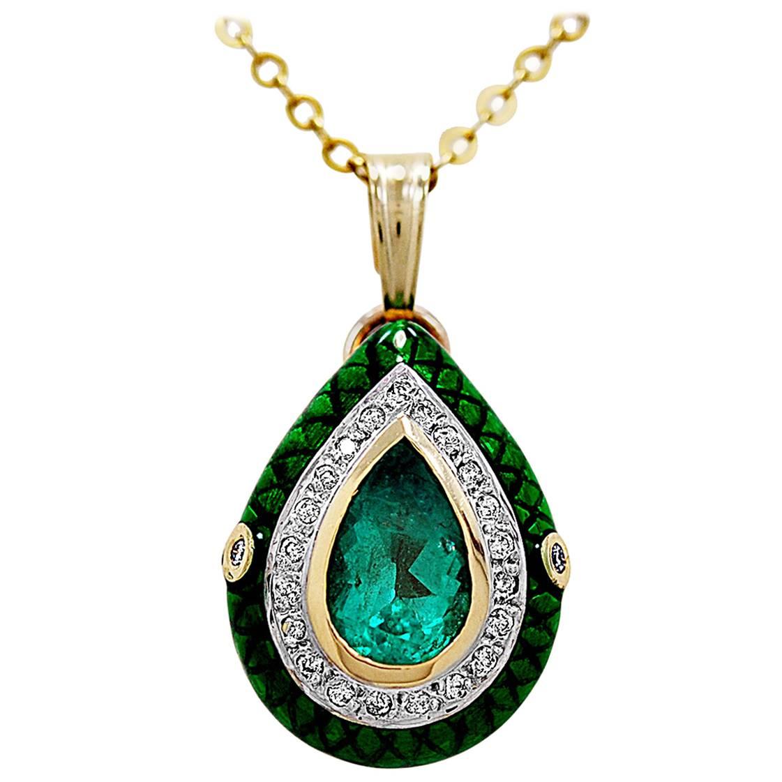 3.00 Carat Natural Emerald, Diamond & White Gold Necklace