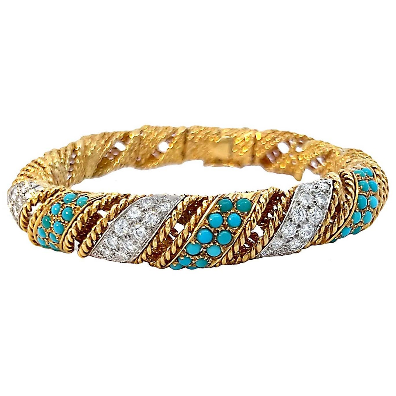 Vintage Turquoise and Dimond 18k Cuff Bracelet For Sale