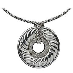 David Yurman Sterling Silver Diamond Cable Circle Donut Pendant Necklace