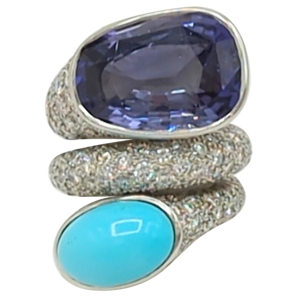 Estate David Webb Ceylon Blue Sapphire and Turquoise Cabochon Ring in Platinum