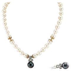 Vintage Diamond Akoya & Black Tahitian Pearl Necklace 18K Gold with Enhancer