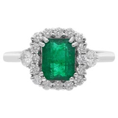 Zambian Emerald Gemstone Cocktail Ring Diamond 14 Karat White Gold Fine Jewelry