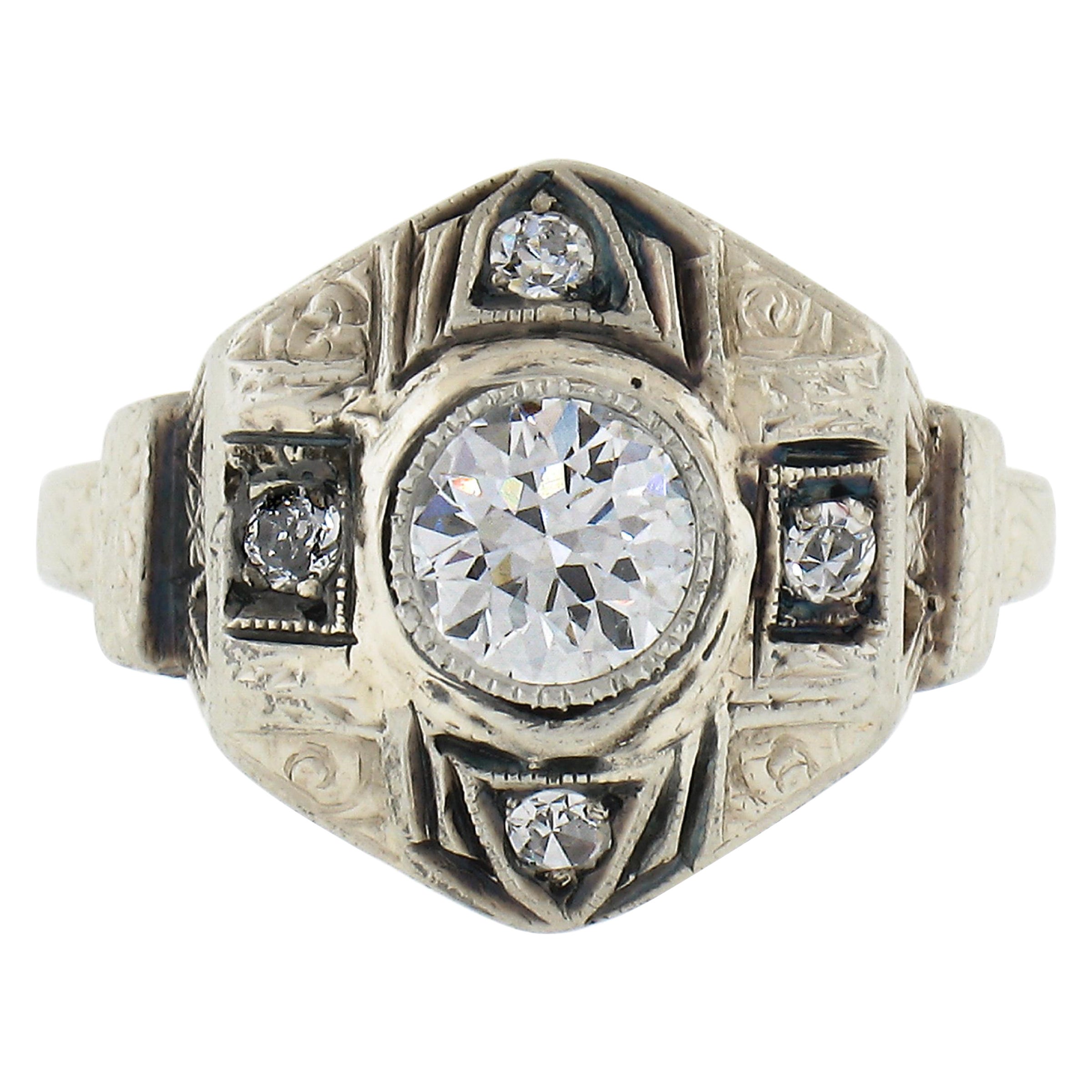 Antique Art Deco 20K White Gold 0.48ctw Old Cut Diamond Milgrain Engraved Ring For Sale