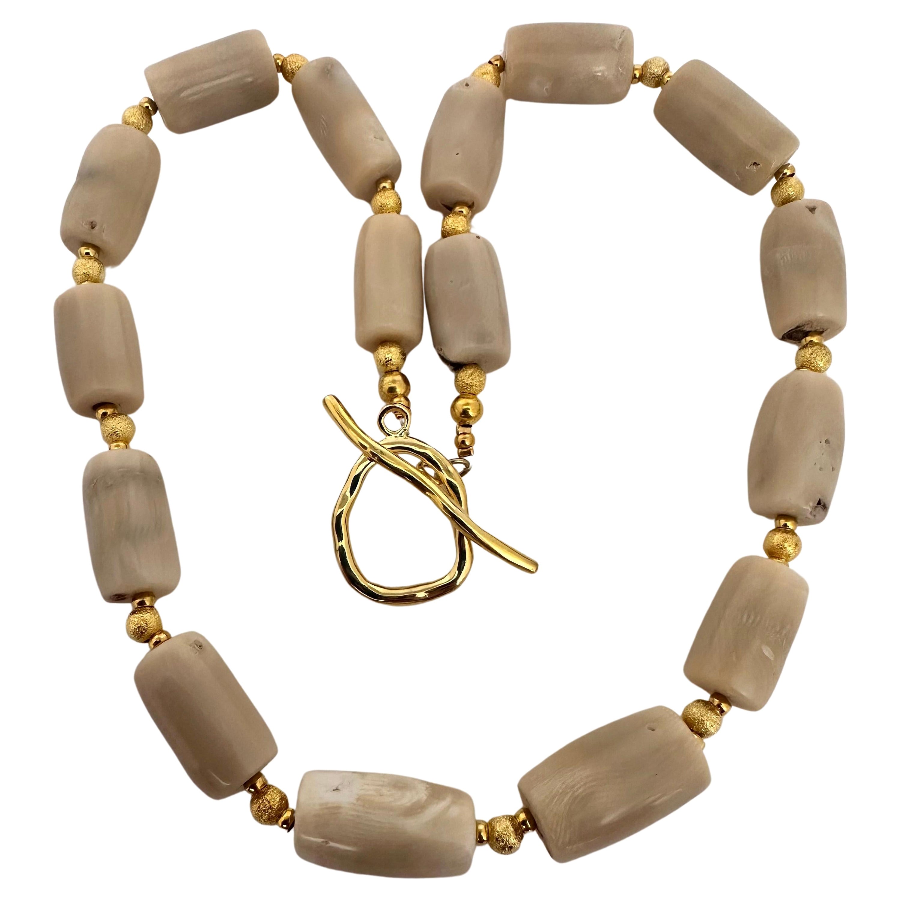 Handmade Gold Beads and White/Beige Coral Barrel Shaped Beaded 26" Necklace C43 For Sale