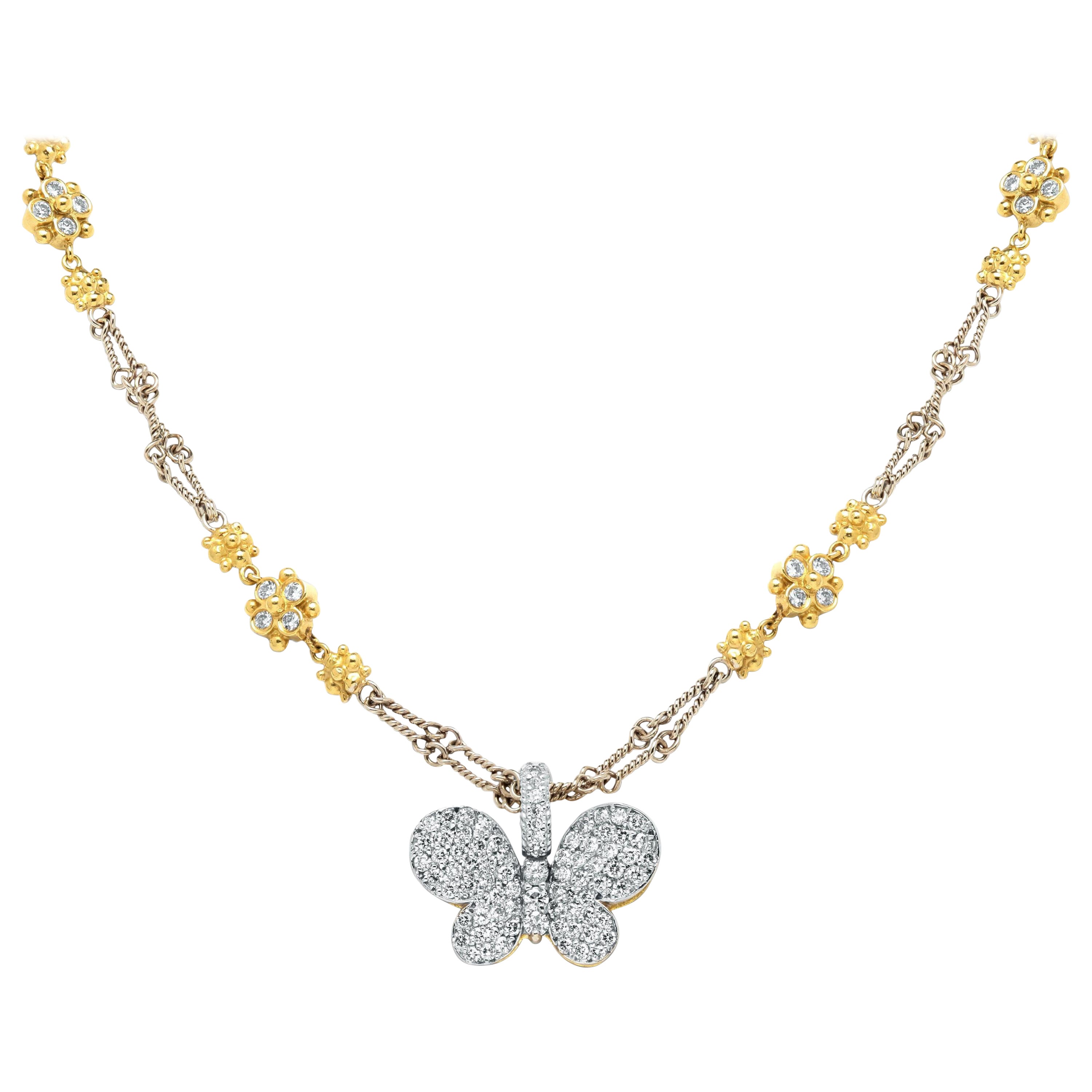 Stambolian, collier grappe de diamants bicolores 18 carats avec pendentif papillon en vente