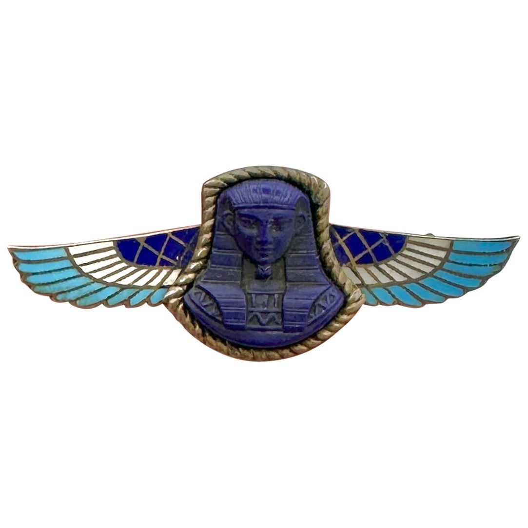 Broche en argent Art déco néo-égyptien lapis-lazuli Pharoah King Tut émaillé