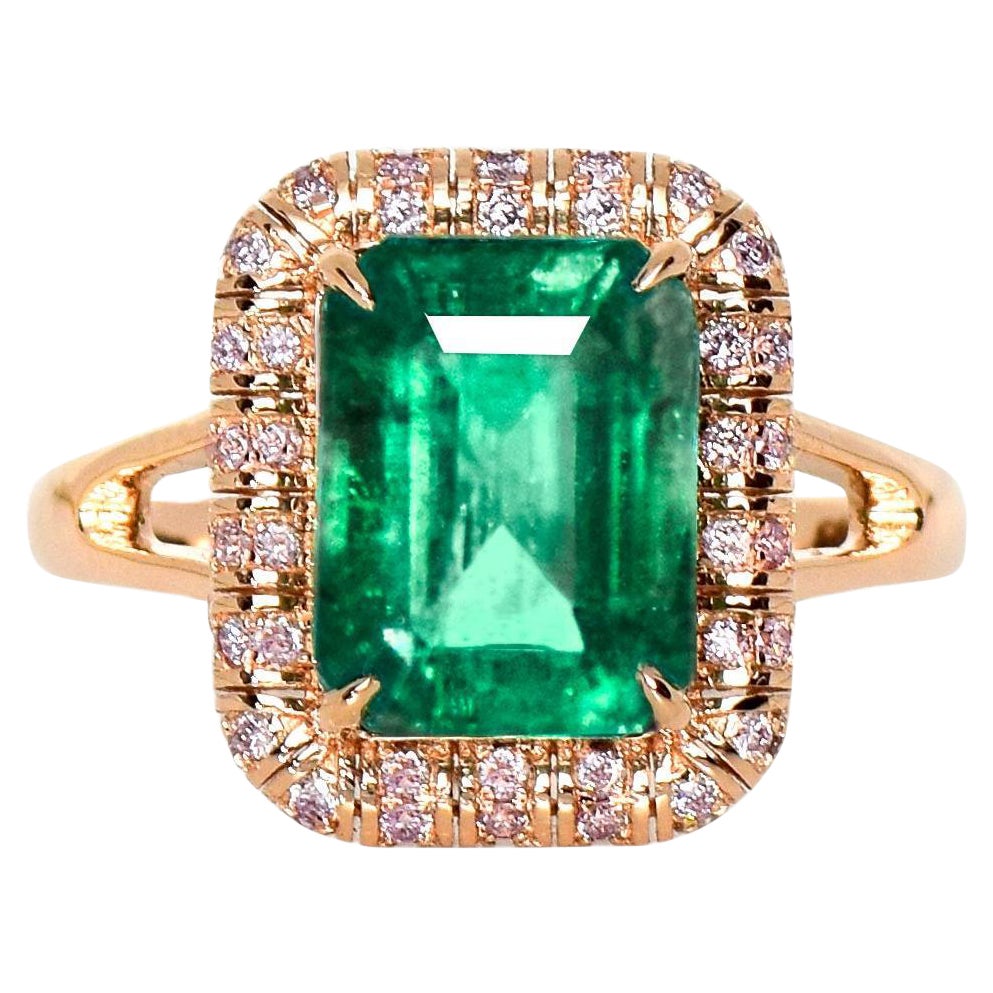IGI 14K 3.55 ct Natural Green Emerald&Pink Diamond Art Deco Engagement Ring