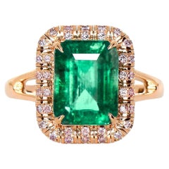 IGI 14K 3.55 ct Natural Green Emerald&Pink Diamond Art Deco Engagement Ring