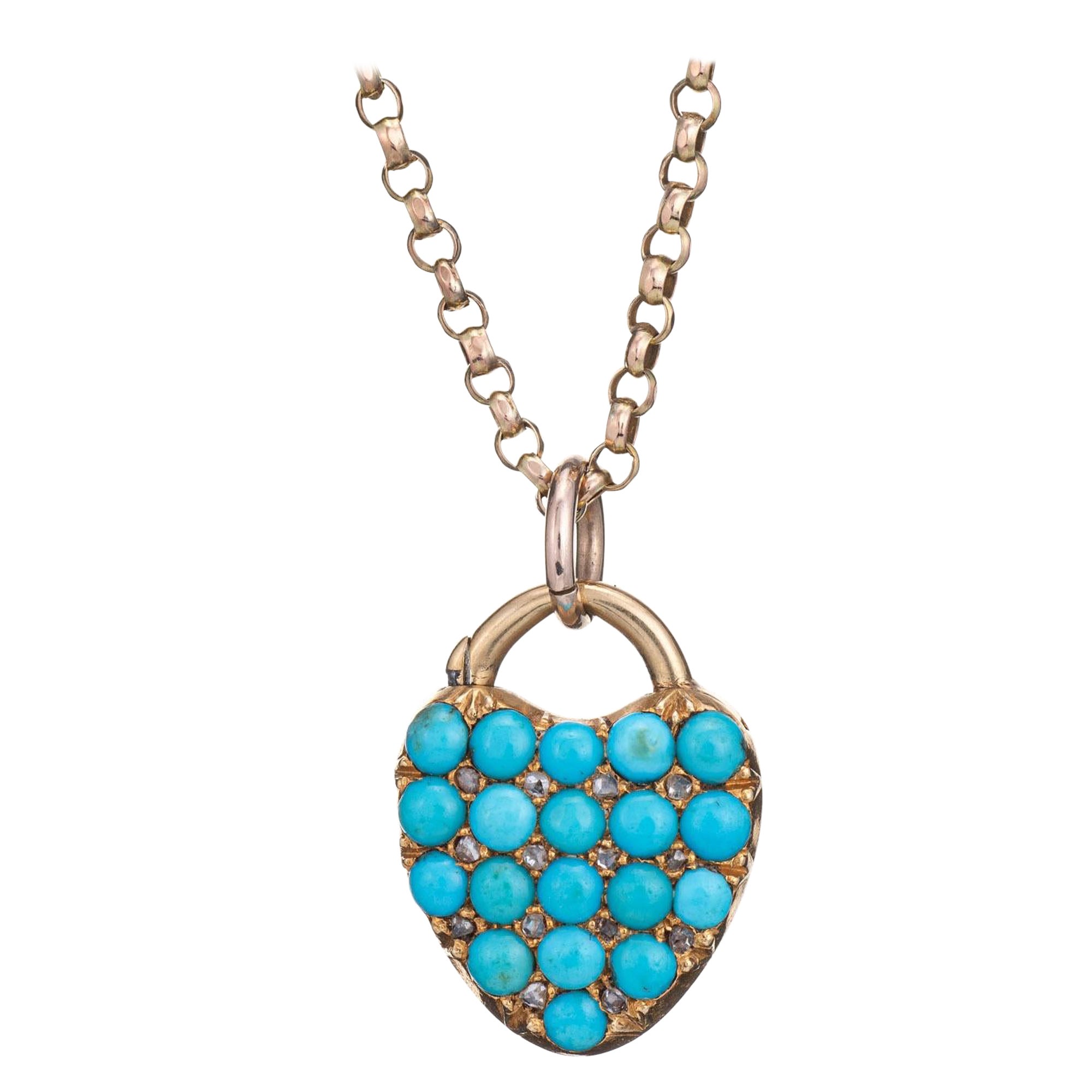 Antiquities Victorian Turquoise Diamond Necklace Heart Locket 15k Belcher Link    en vente