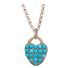 Antique Victorian Turquoise Diamond Necklace Heart Locket 15k Belcher Link   