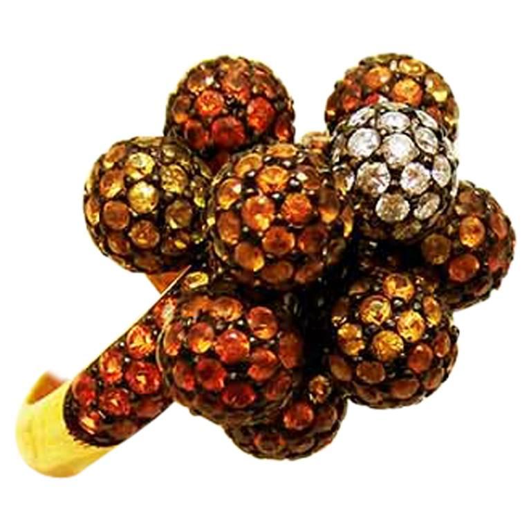 Bague boule multicolore avec saphir jaune, orange et diamants