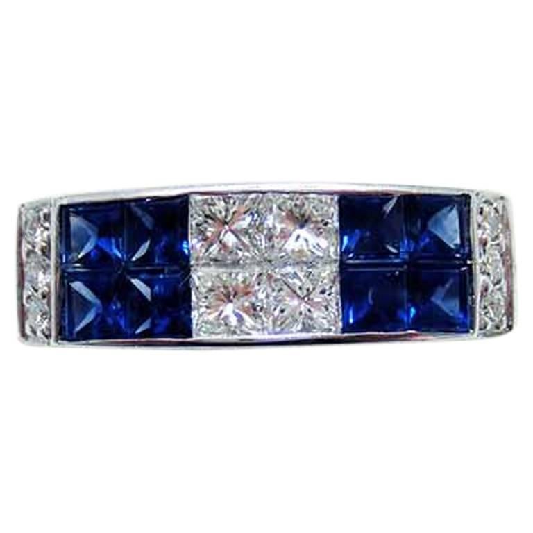 18K White gold invisible Sapphire Ring with Princess Diamond