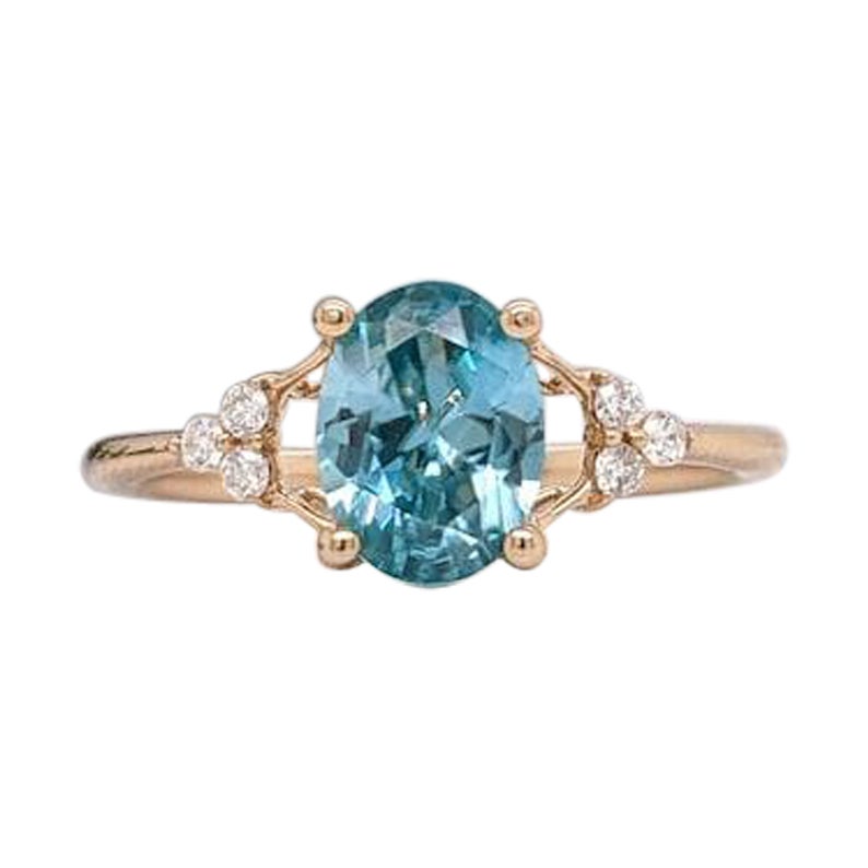 1.7ct Blue Zircon Ring w Diamond Accent Halo in 14K Yellow Gold Oval 8x6mm For Sale