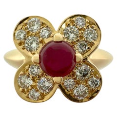 Vintage Van Cleef & Arpels Vivid Red Ruby & Diamond Trefle Alhambra Flower Ring