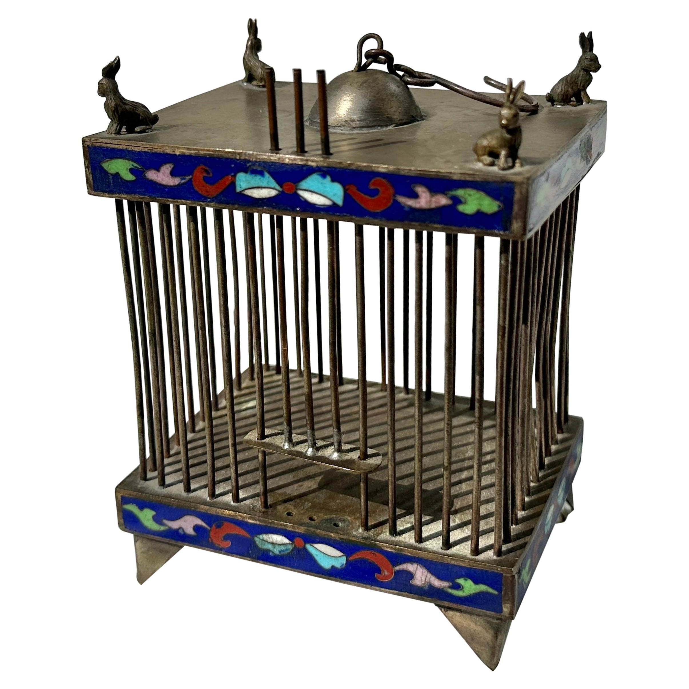 Cage de cricket chinoise ancienne rare en argent émaillé cloisonné avec lapins, 1890 en vente