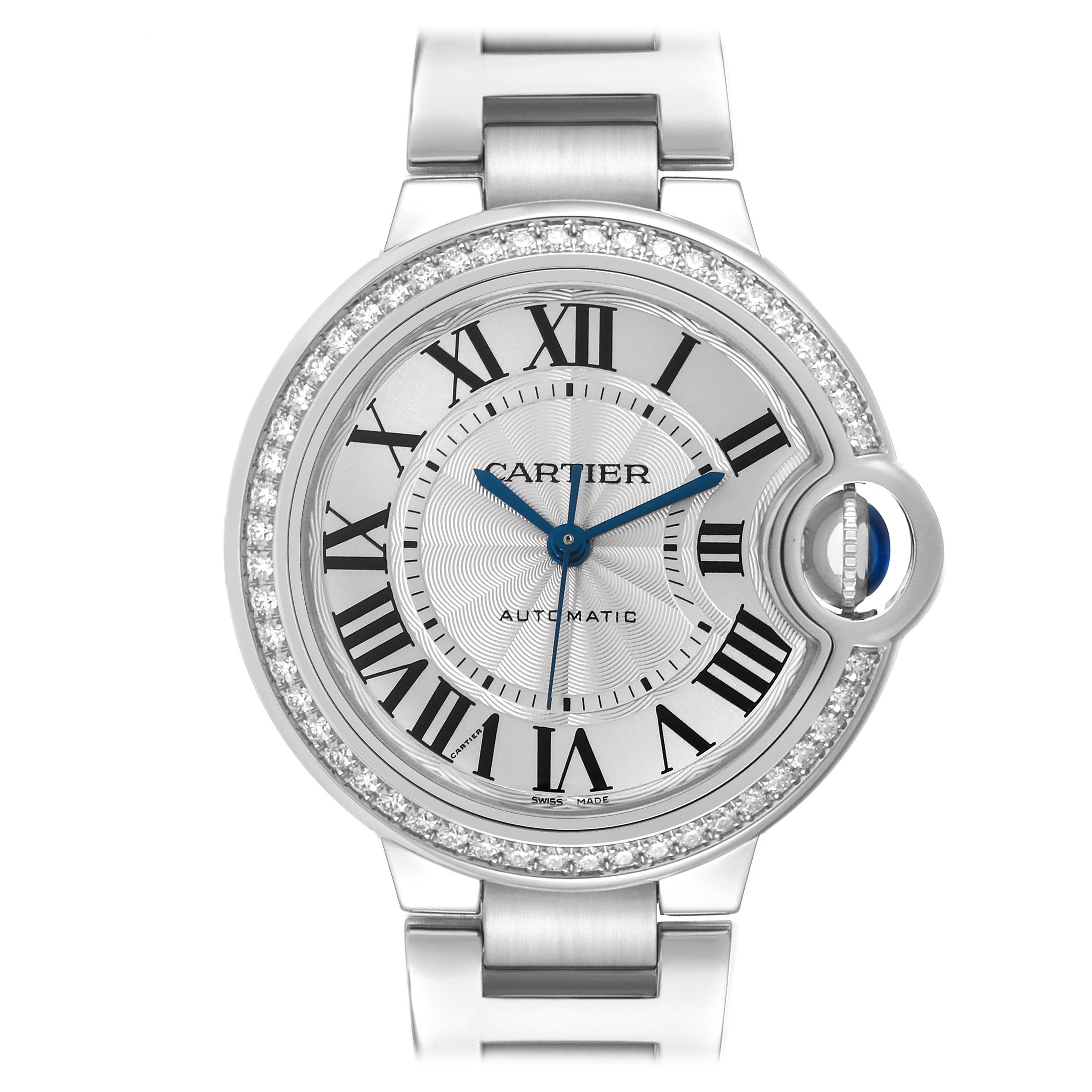 Cartier Ballon Bleu 33mm Steel Diamond Bezel Ladies Watch W4BB0016 Papers For Sale