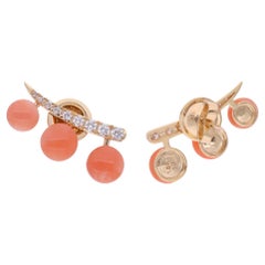 Coral Gemstone Climber Earrings 14 Karat Yellow Gold Diamond Handmade Jewelry