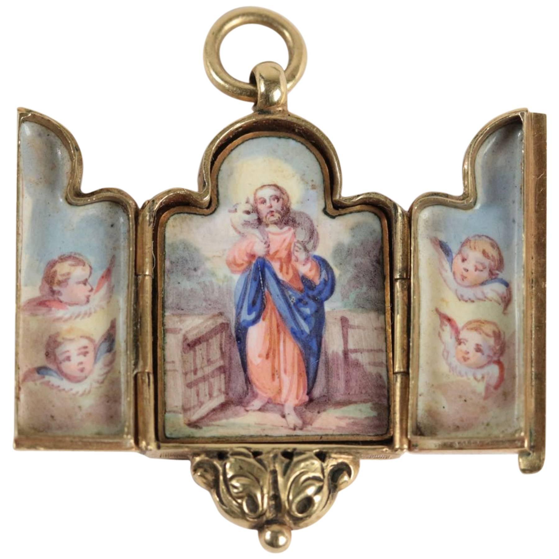 Antique French Triptych Enamel Gold Pendant