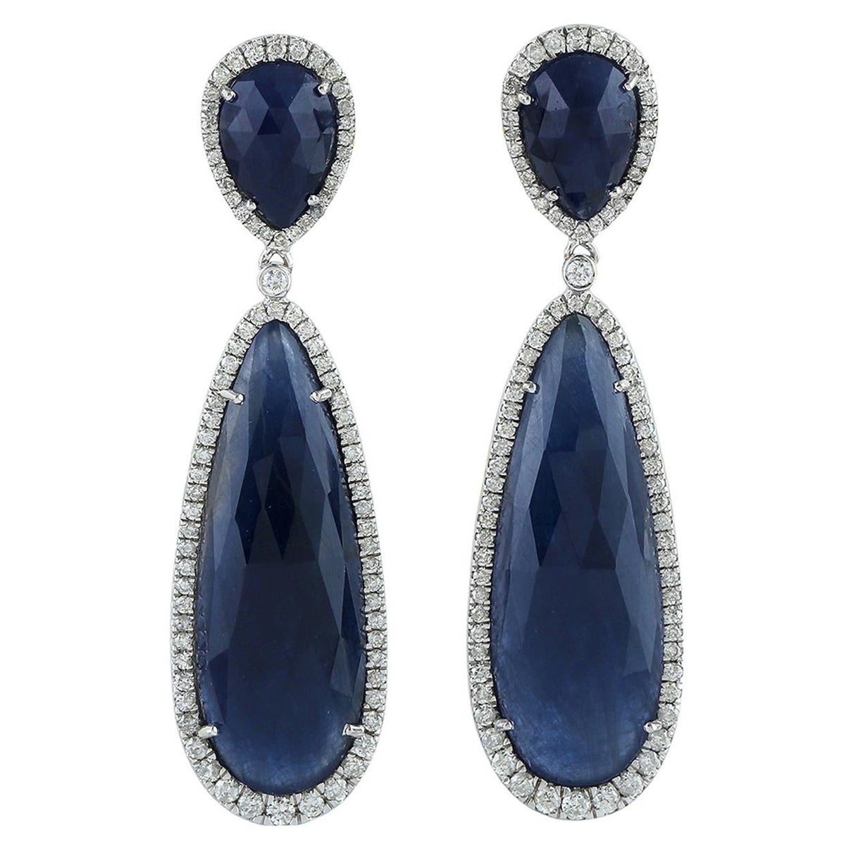 Two-Tier Sliced Sapphire and Diamond Dangle Earring Made In 18k White Gold For Sale