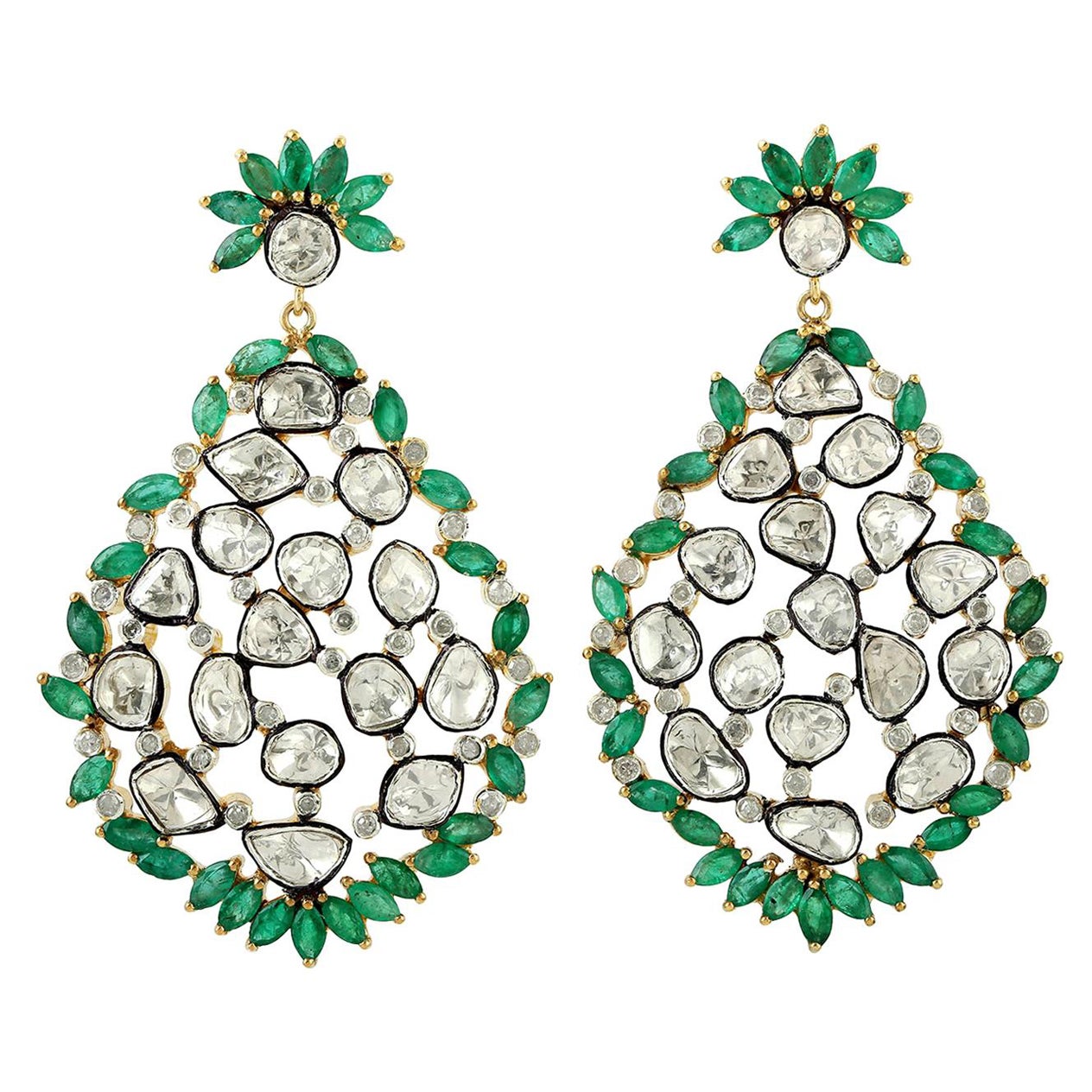 Designer Emerald and Rosecut Diamond Dangle Earring Made in 18K Gold and Silver For Sale