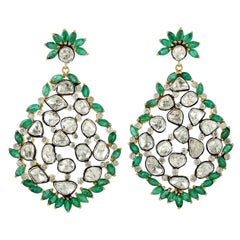 Designer Emerald and Rosecut Diamond Dangle Earring Made in 18K Gold and Silver