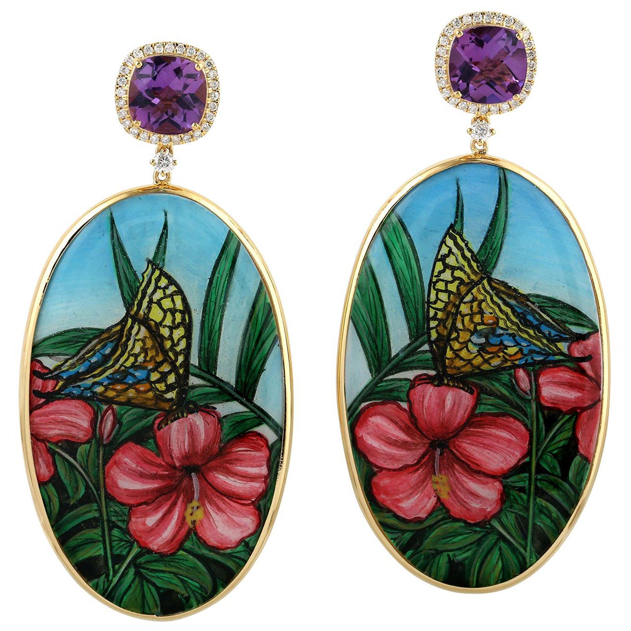 Hand Painted Butterfly and Flower Bakelite Earrings With Amethyst & Diamonds For Sale