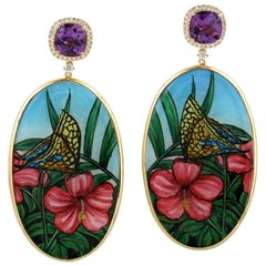 Hand Painted Butterfly and Flower Bakelite Earrings With Amethyst & Diamonds
