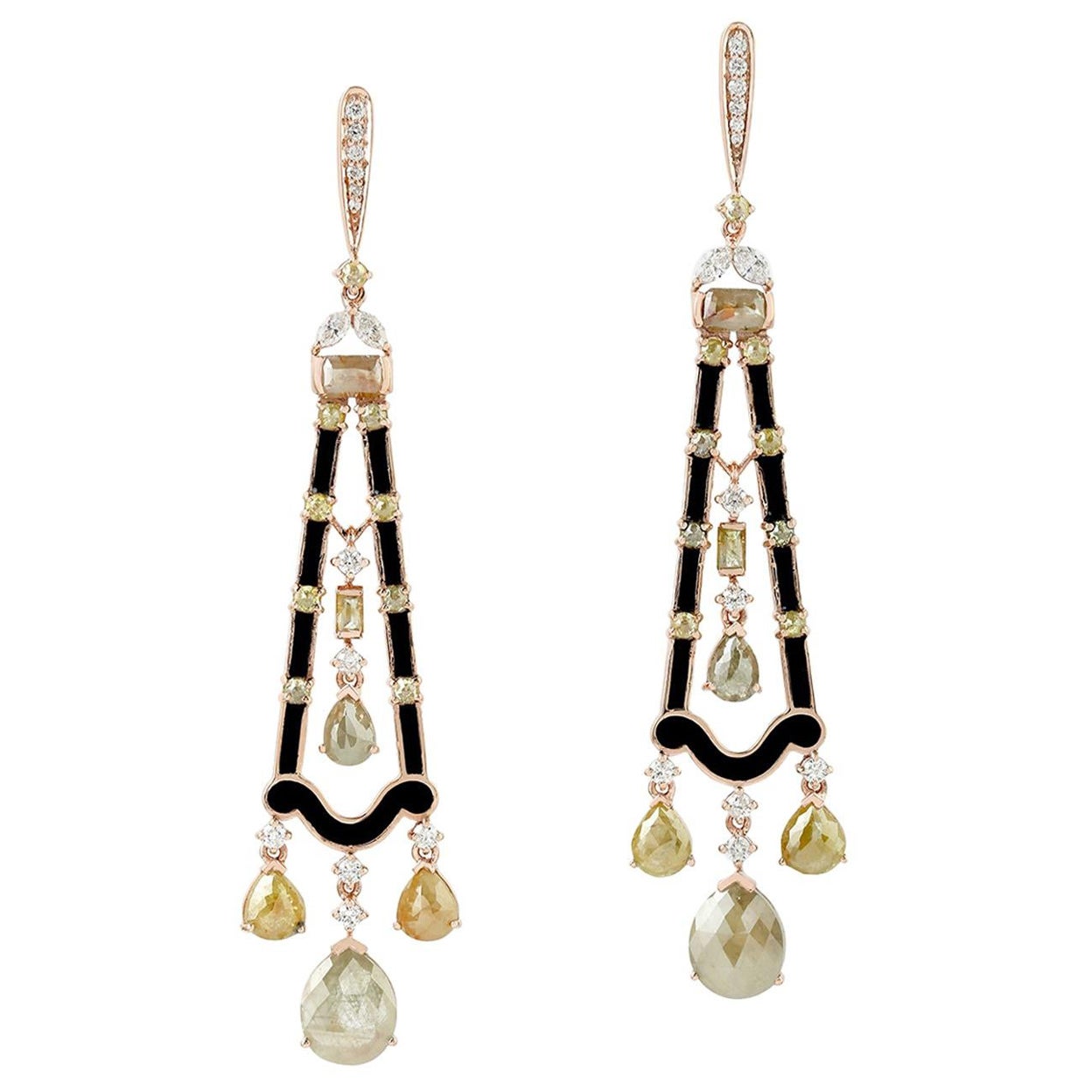 Moderne eklektisch aussehende weiße und braune Diamant- und Emaille-Ohrringe aus 18K Gold