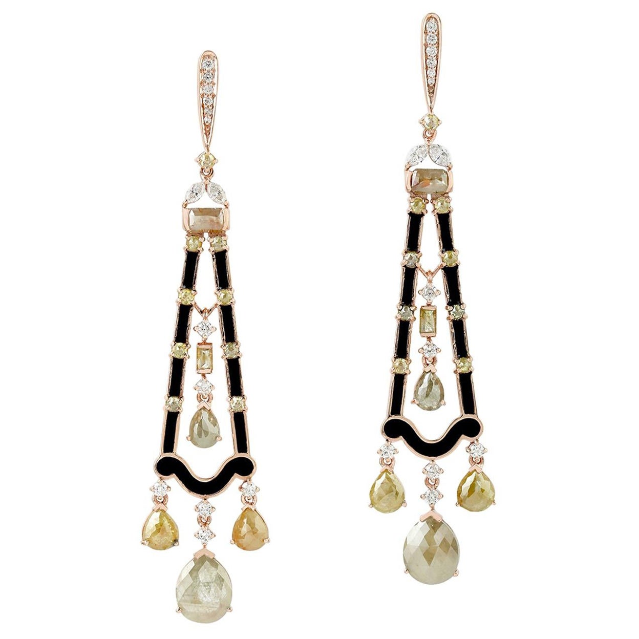 Modern Eclectic Looking White and Brown Diamond and Enamel Earrings in 18K Gold For Sale