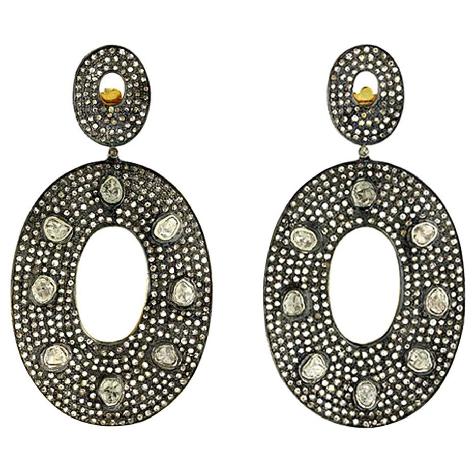 Victorian Era inspired RoseCut Diamond & Pave Diamond Earring in Gold and Silver For Sale