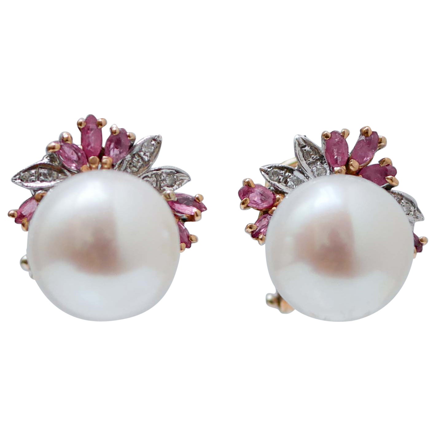 White Pearls, Rubies, Diamonds, 14 Karat White and Rose Gold Earrings. For Sale