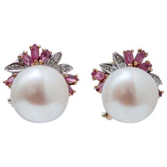 White Pearls, Rubies, Diamonds, 14 Karat White and Rose Gold Earrings.