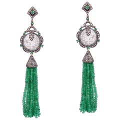 Designer Jade, Emerald and Diamond Tassel Dangling Earring in Silver and Gold