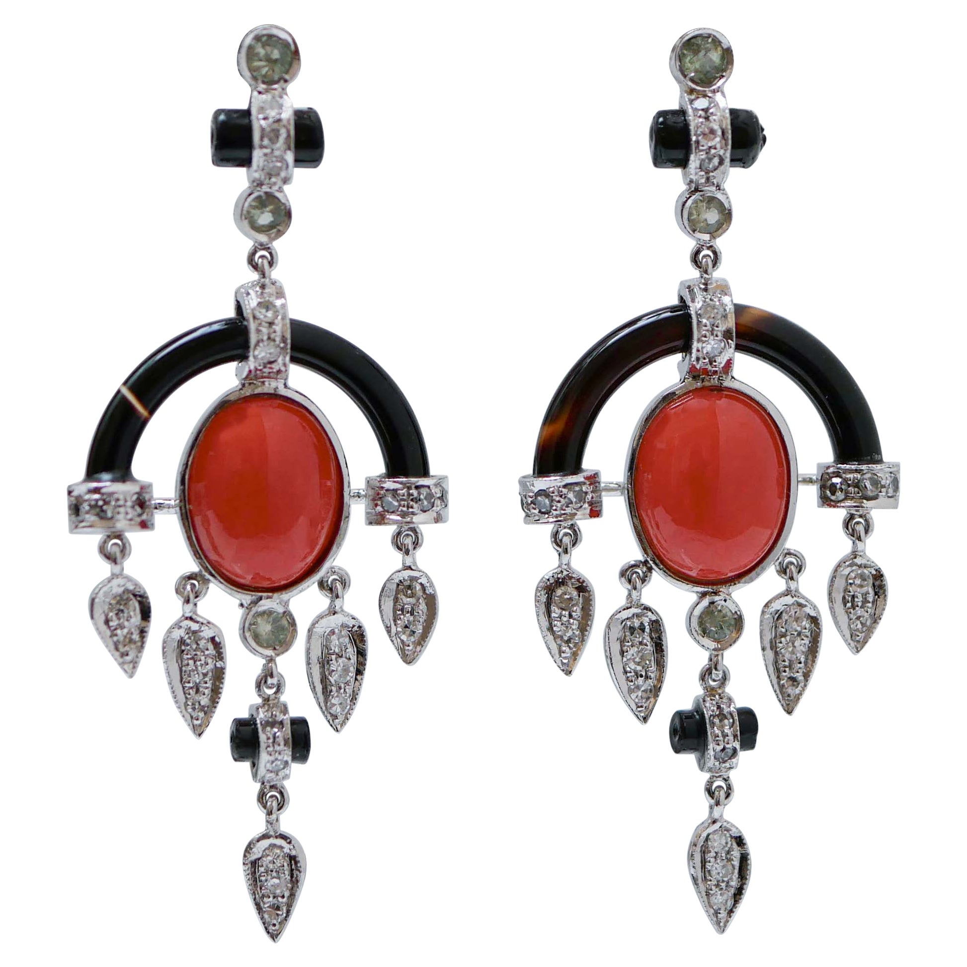 Coral, Onyx, Diamonds, Green Sapphires, Platinum Earrings. For Sale
