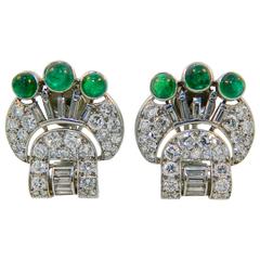 1920s Art Deco Platinum Diamond Emerald Ear Clips