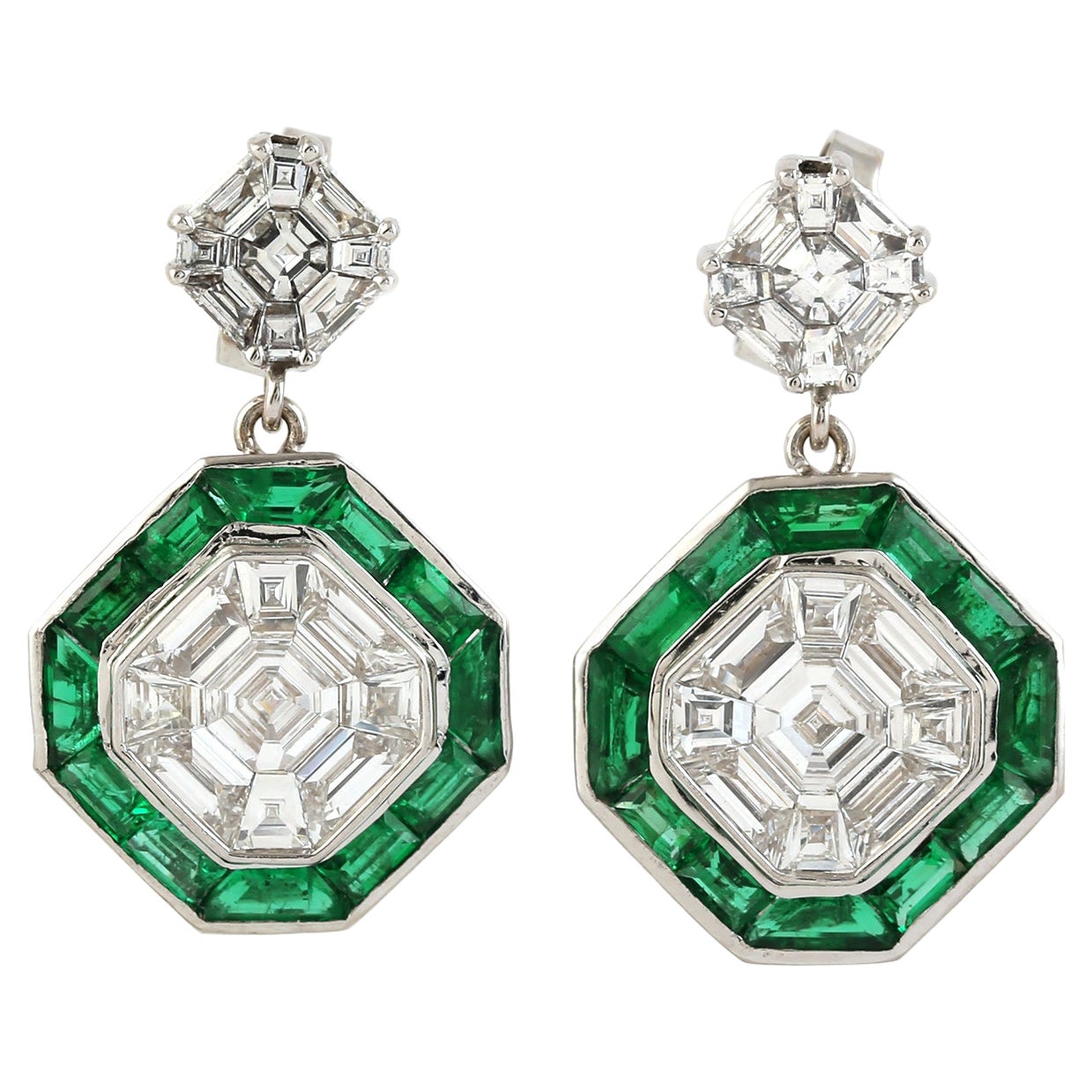 Art Deco Style Diamond and Emerald Drop Earrings Made In 18K White Gold
