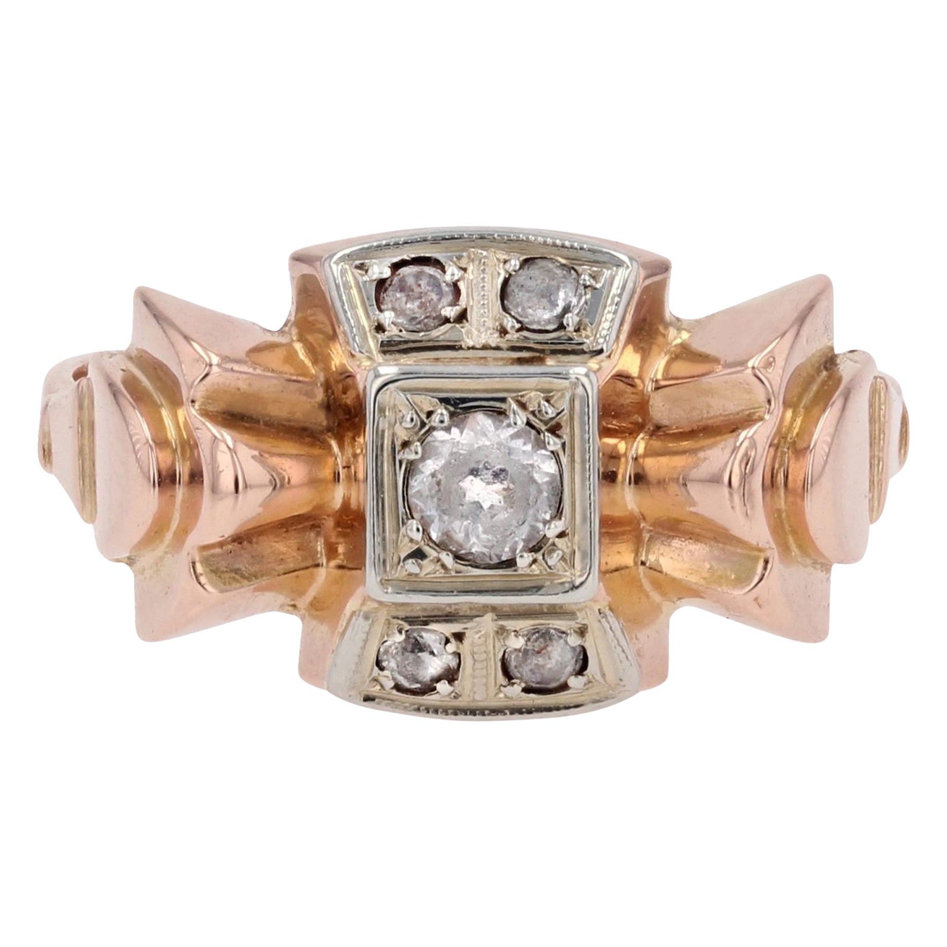 French 1940s White Sapphires 18 Karat Rose Gold Knot Tank Ring For Sale