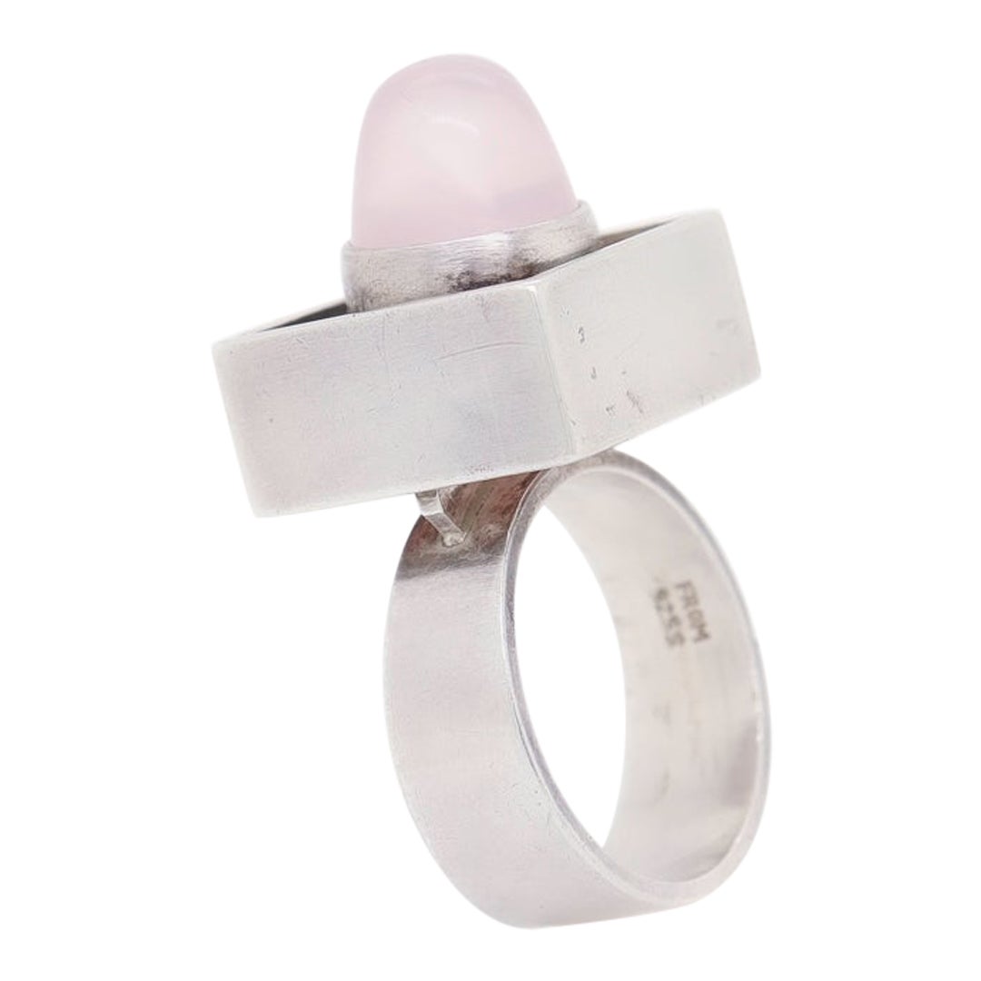 Neils Erik From, bague vintage en argent sterling et cabochon de quartz rose