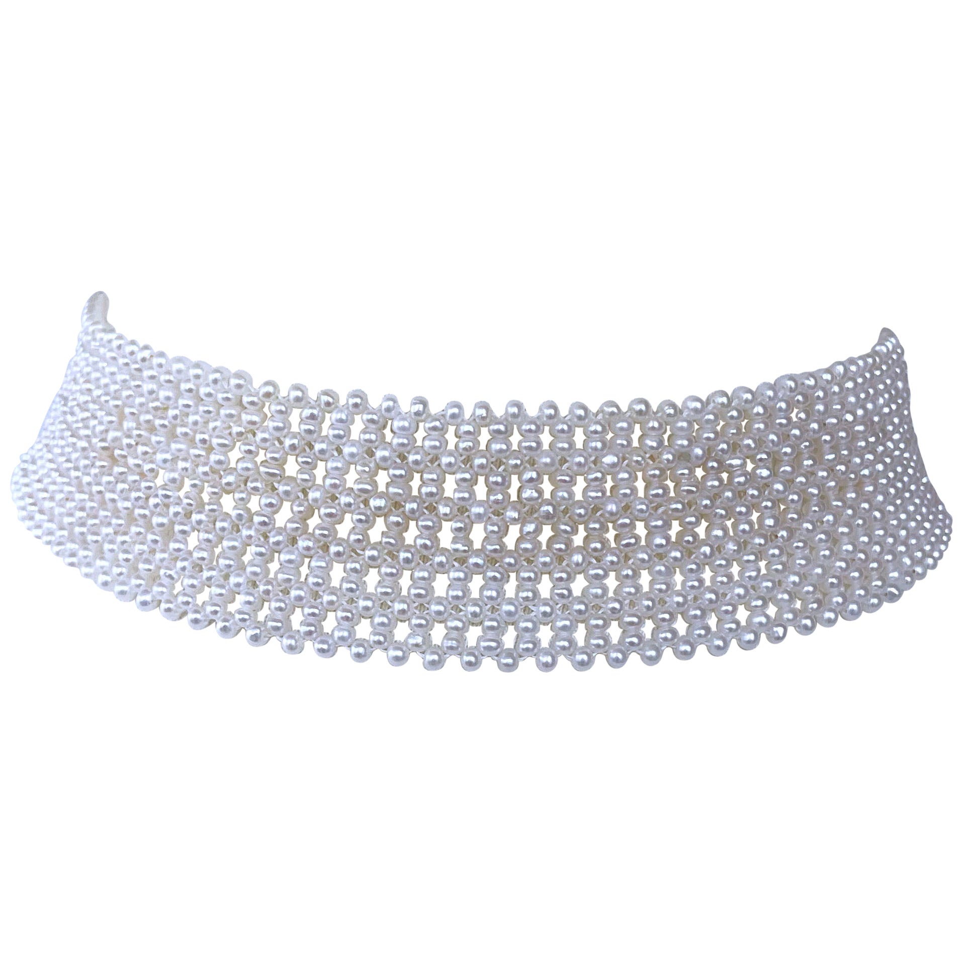 Marina J. Lace Woven Pearl Choker with Rhodium Plated Silver Clasp For Sale