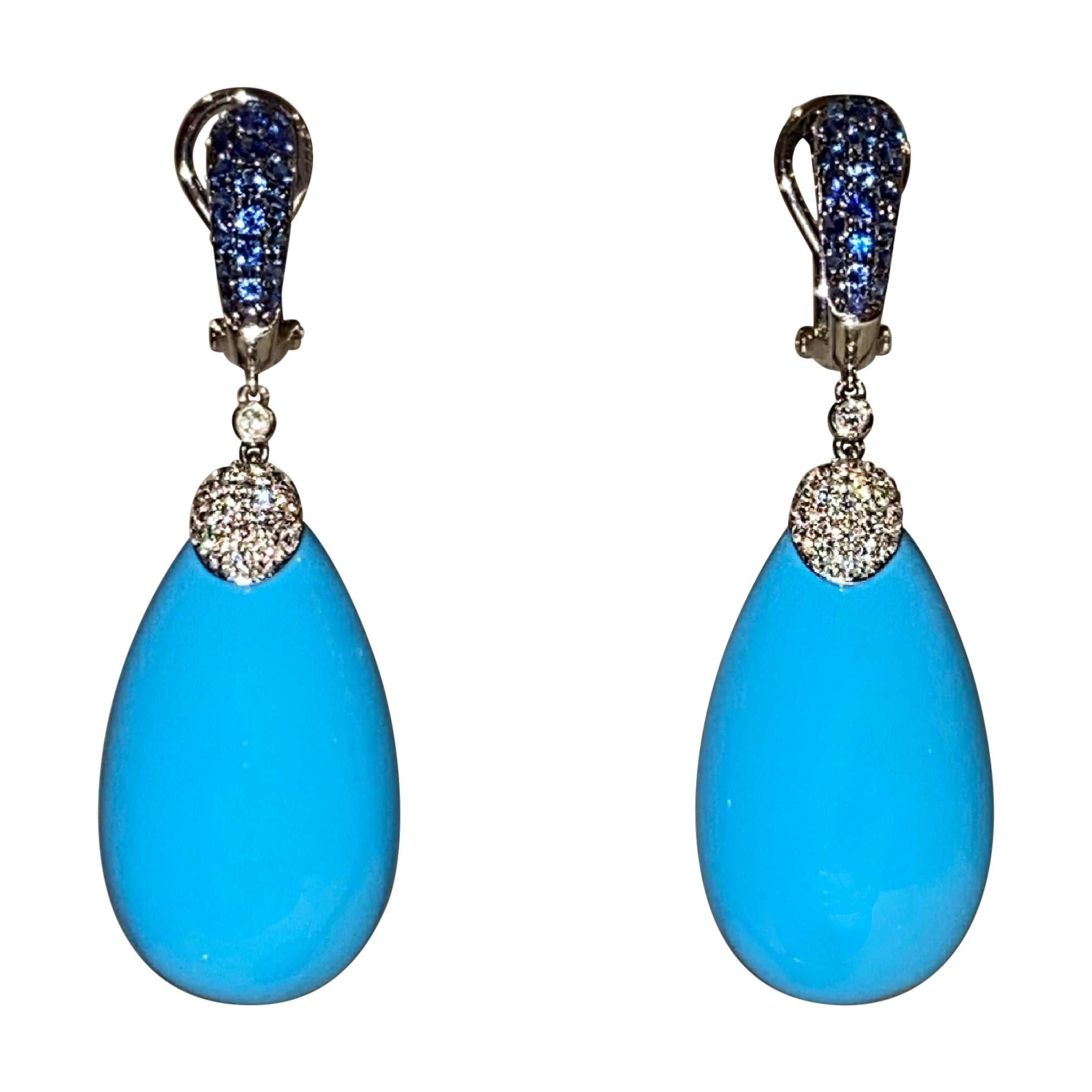 Superb Persian Blue Turquoise Sapphire & Diamond Pendant Earrings in 18K Gold