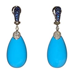 Superb Persian Blue Turquoise Sapphire & Diamond Pendant Earrings in 18K Gold