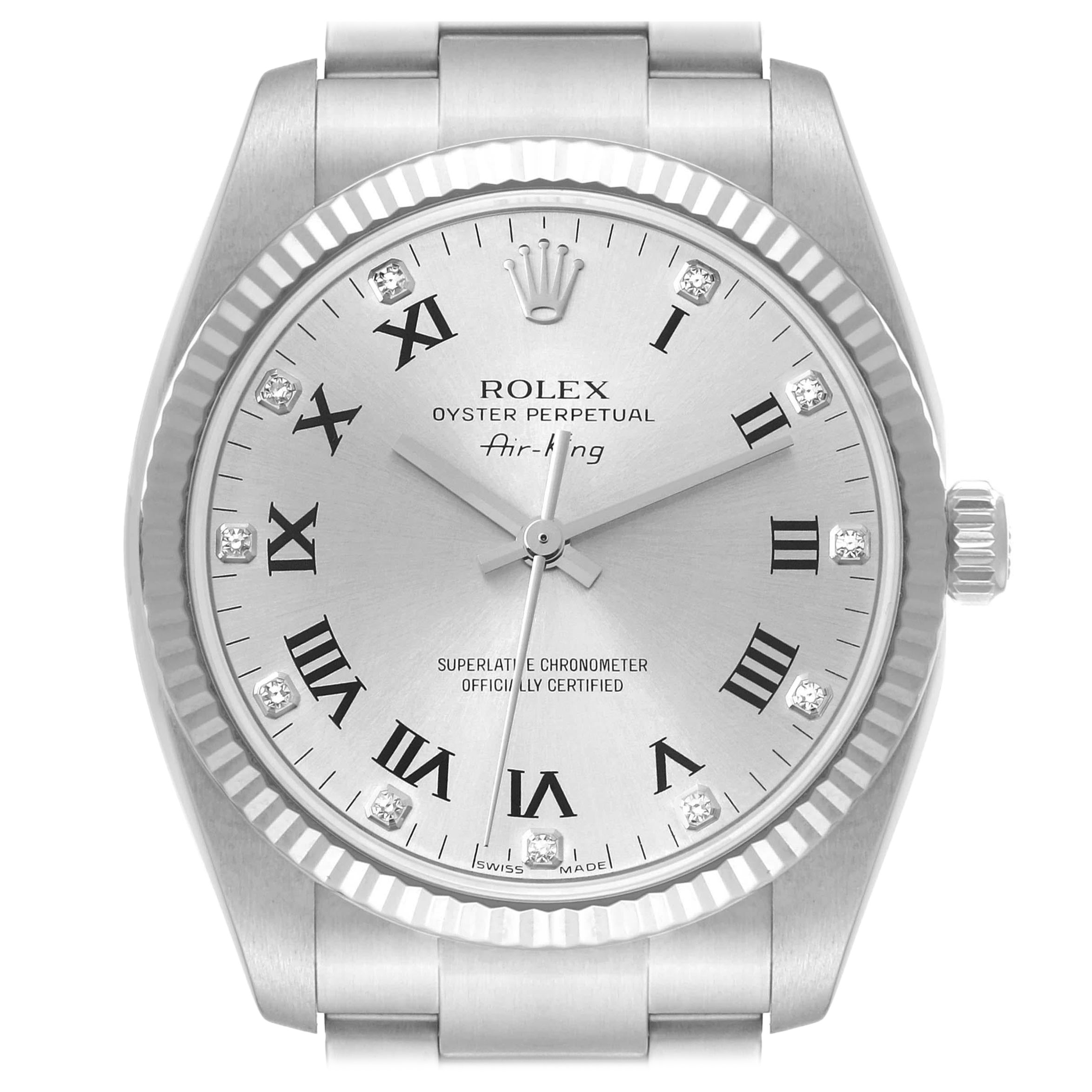 Rolex Air King Steel White Gold Silver Diamond Dial Mens Watch 114234