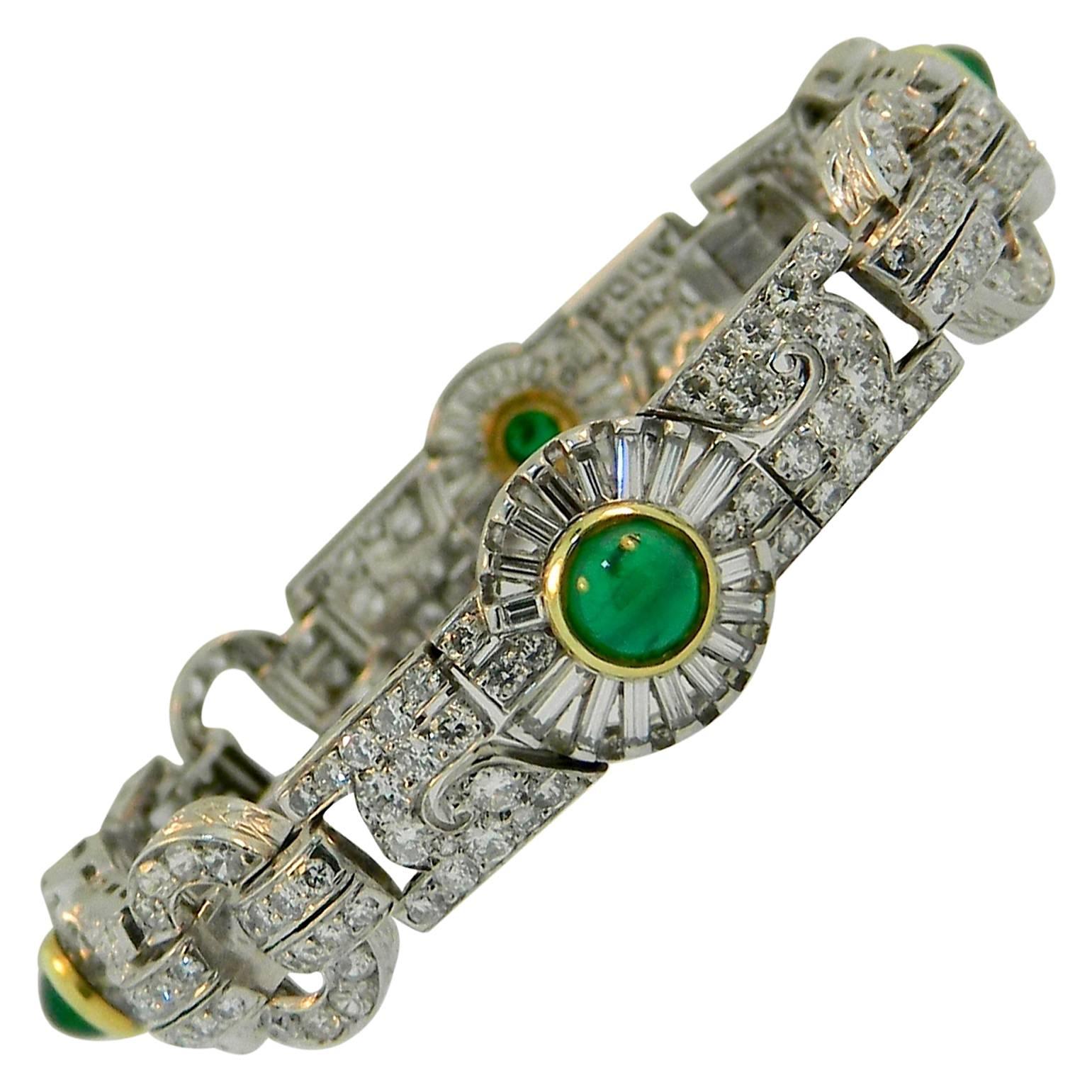 Art Deco Diamond Emerald Platinum Bracelet