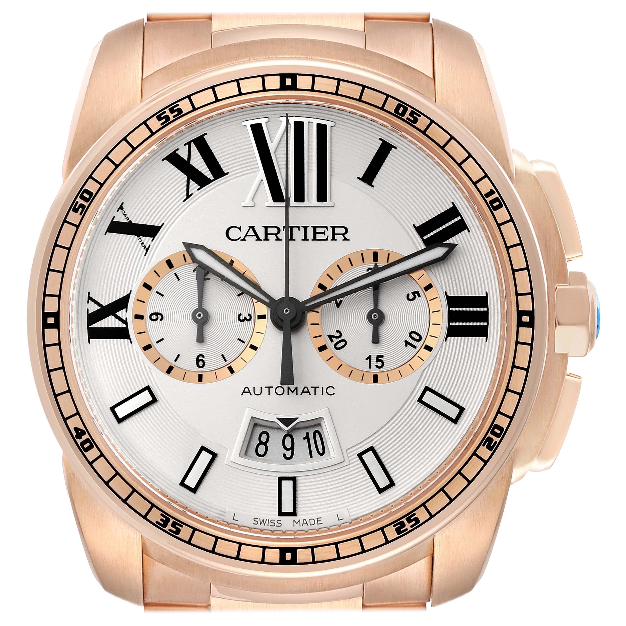 Cartier Calibre Silver Dial Rose Gold Chronograph Mens Watch W7100047 Papers