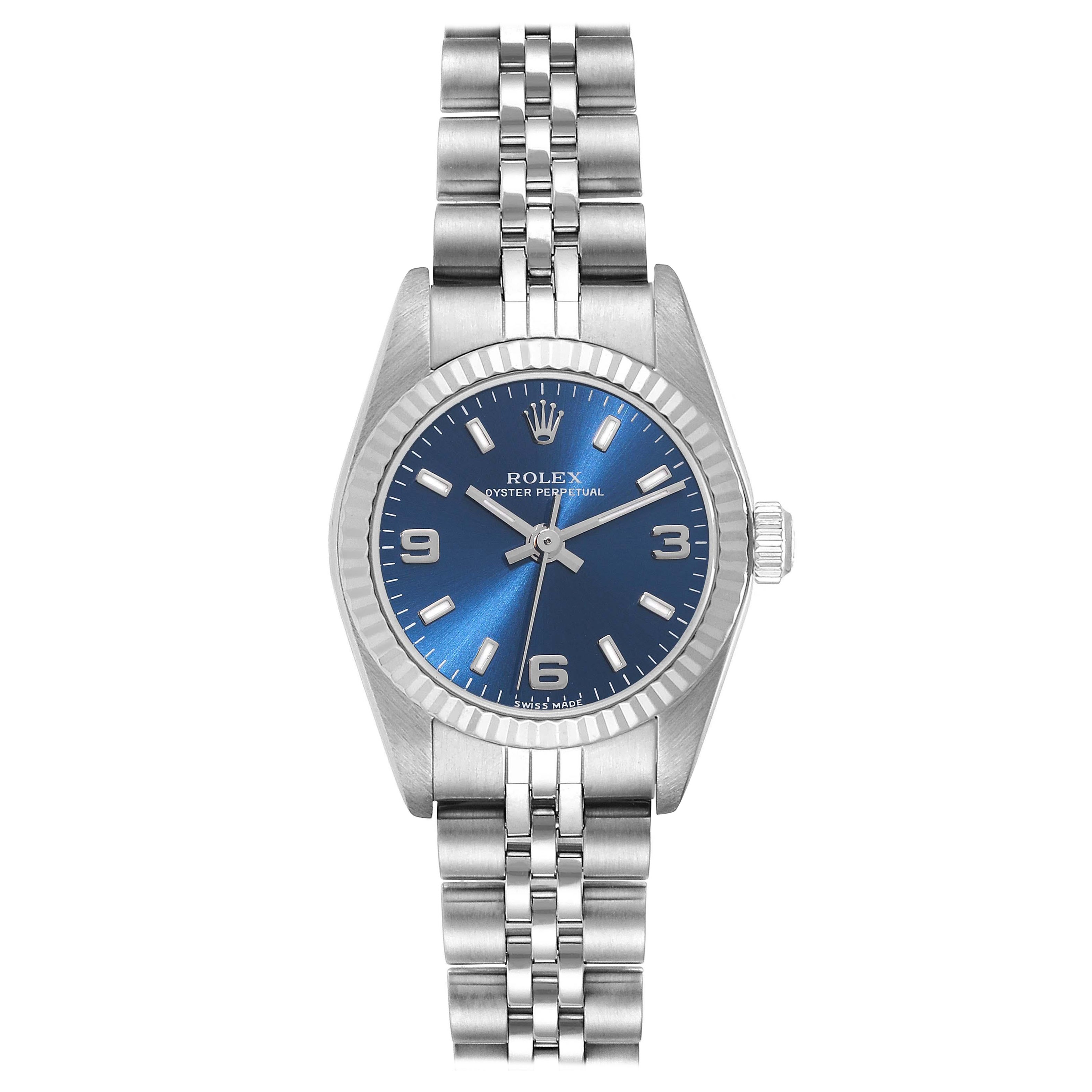 Rolex Oyster Perpetual Blue Dial Steel White Gold Ladies Watch 76094